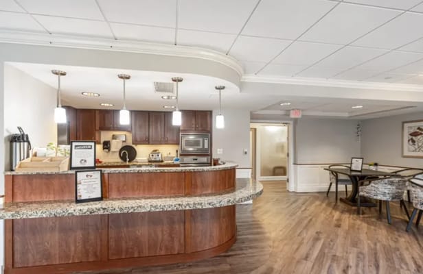 Interior view of a common area and kitchen space