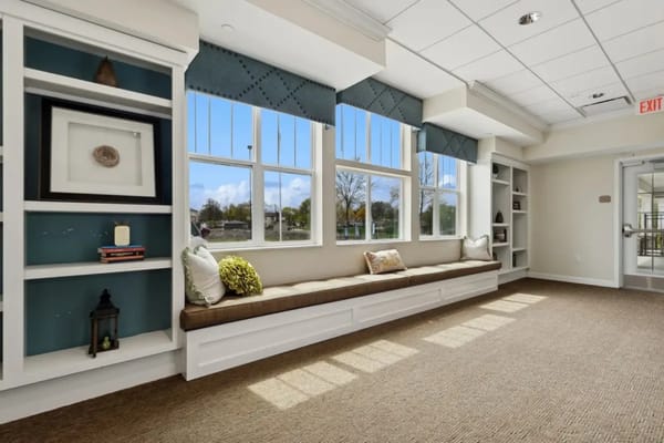 Bright interior common area with seating