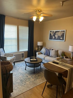 Cozy living room in a resident's suite