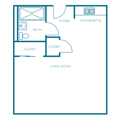 Architectural floor plan of a one-bedroom unit
