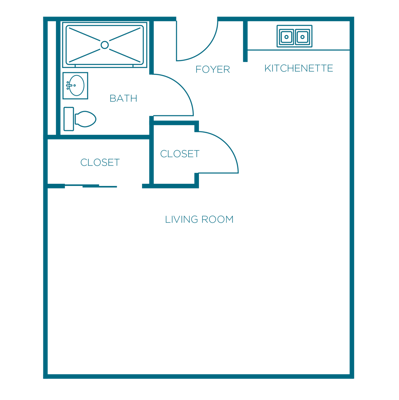 Architectural floor plan of a one-bedroom unit