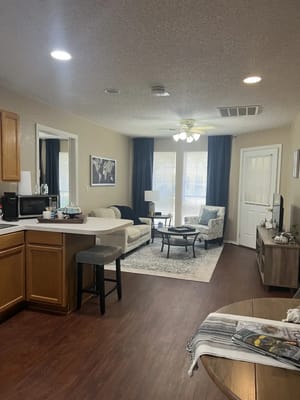 Cozy interior of a shared living space with seating