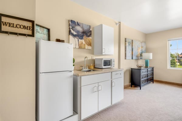Bright kitchen area in a resident's room
