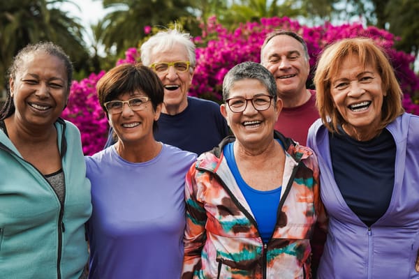 Residents smiling together in a garden with flowers