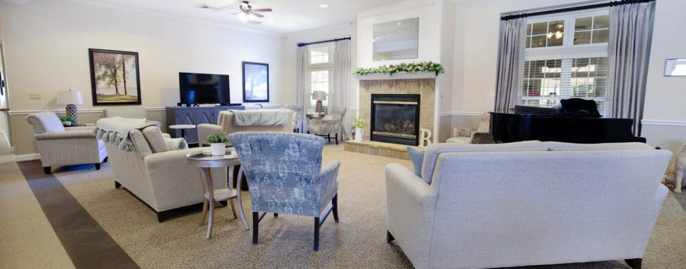 Interior view of a cozy common area with seating