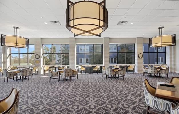 Bright and spacious dining area with large windows