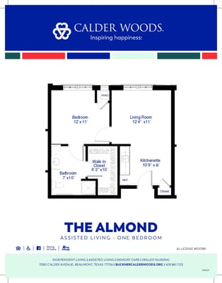 Floor plan of a one-bedroom assisted living unit