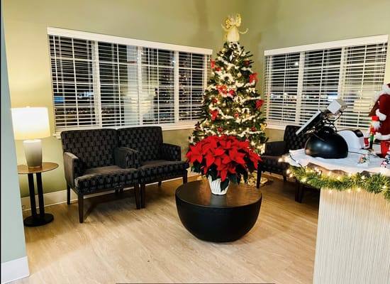 Interior common area decorated for the holidays