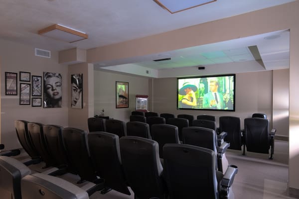 View of a cozy movie theater room with seating