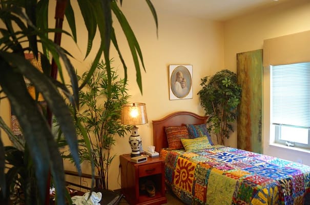 A cozy bedroom with colorful bedding and plants.