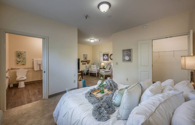 Well-decorated private resident room with ensuite bathroom