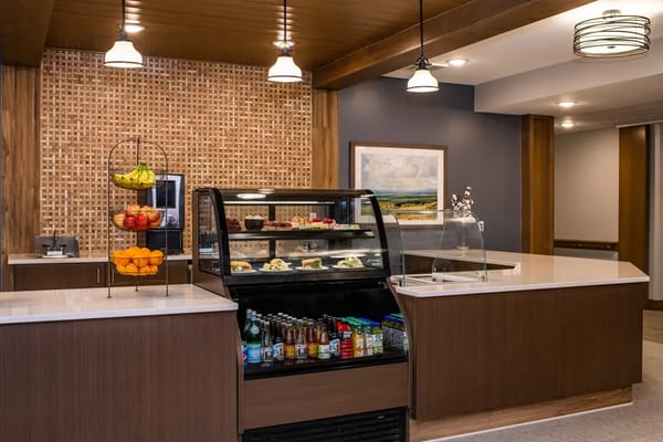 Bright dining area with snacks and beverages