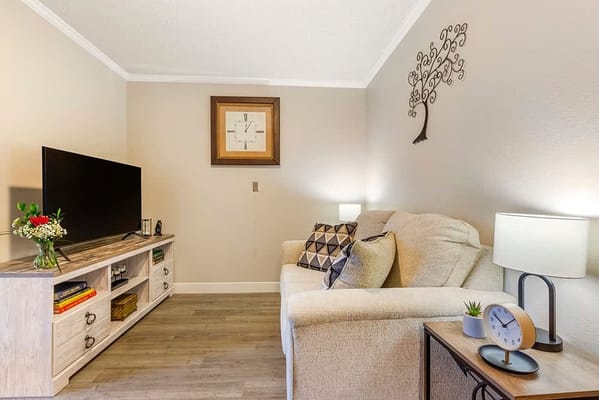 Cozy living room space with sofa and decor