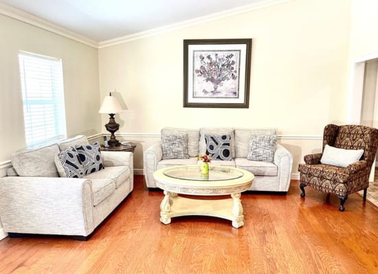 A comfortable lounge area with seating and decor