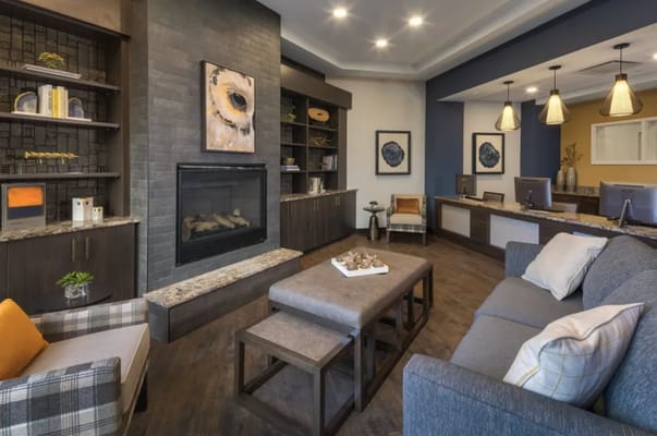 Cozy interior of a common area with a fireplace