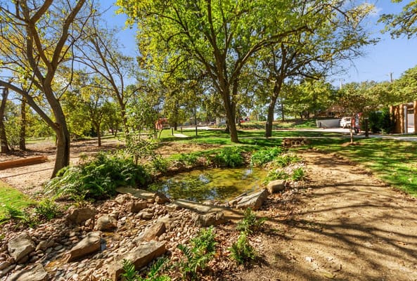 A serene outdoor area with trees and a small pond