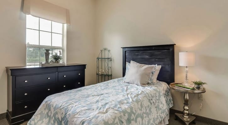 A well-furnished bedroom featuring a bed, dresser, and bedside table.