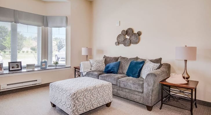 Comfortable living room with couch and ottoman