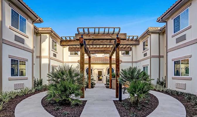 Outdoor courtyard with pathways and landscaping