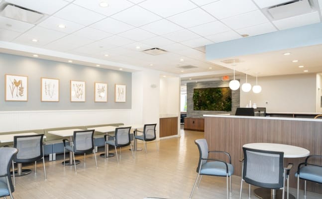 Interior of a common area with seating and artwork