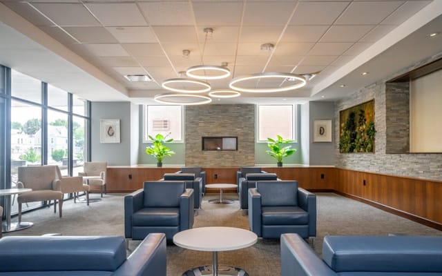 A modern lounge area in a senior living facility