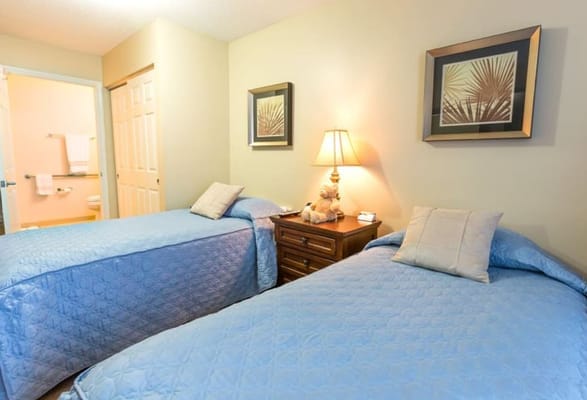 A cozy bedroom with two blue beds and a lamp.