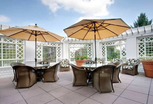 Outdoor seating area with patio umbrellas and lounge chairs