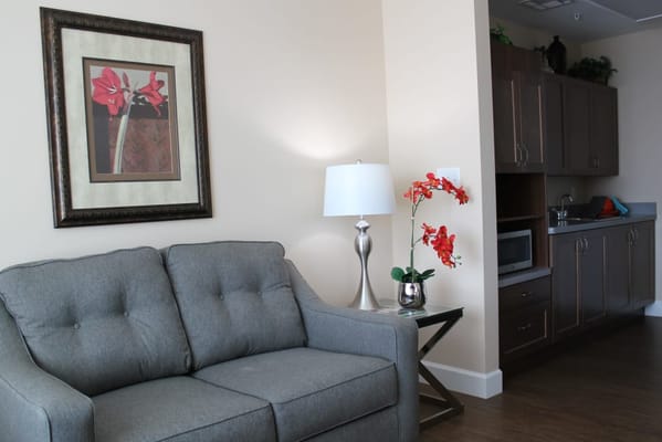 Cozy interior of a resident room with a sofa