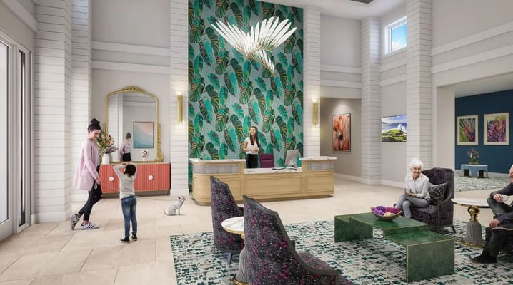 A bright lobby with a reception desk, floral wallpaper, and residents interacting.