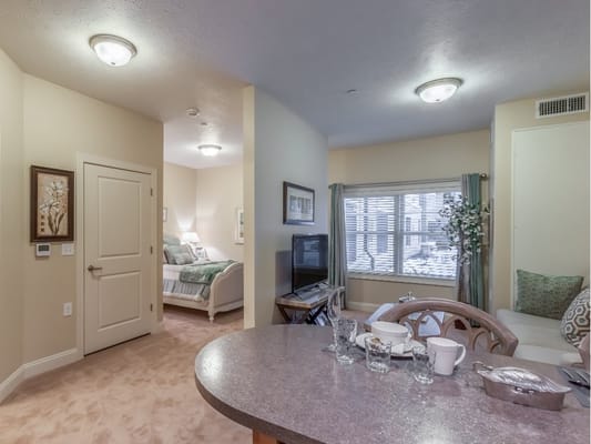 Bright living area with dining table and cozy seating