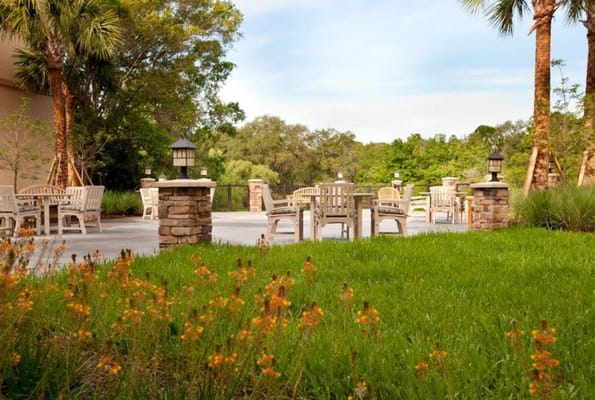 Outdoor seating area with benches surrounded by greenery