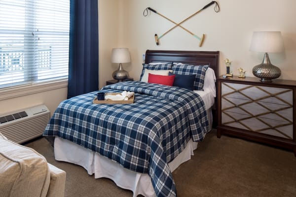 A well-decorated bedroom featuring a plaid comforter and decorative lamps.