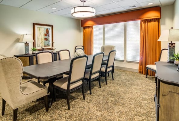 Interior view of a stylish common area with seating.