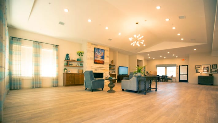 Bright common area in a senior living facility