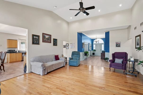 Bright and spacious common area with seating