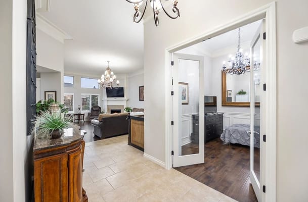 Interior view of a warmly decorated seating area