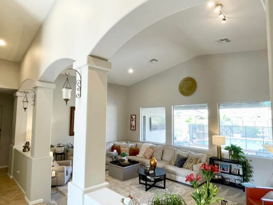 Bright common area with seating and decorations