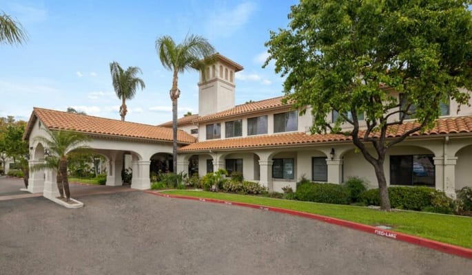 Entrance view of Oakmont of Chino Hills senior living facility.