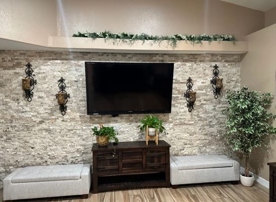 Cozy lounge area with a TV and decorative plants.