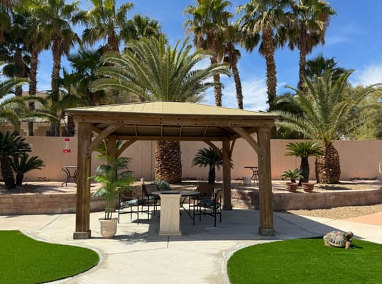 Outdoor patio area with gazebo and palm trees
