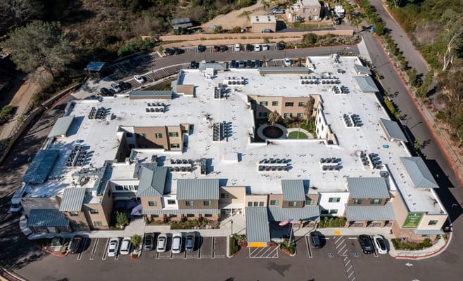 Aerial view of the Westmont of Encinitas senior living facility, showcasing its layout.