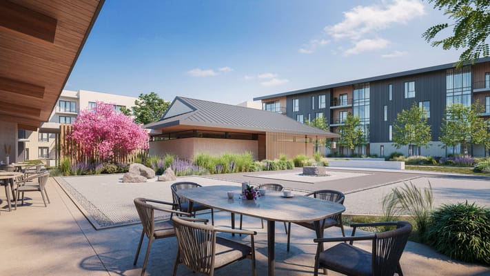 Outdoor space with seating and landscaping at Enso Village