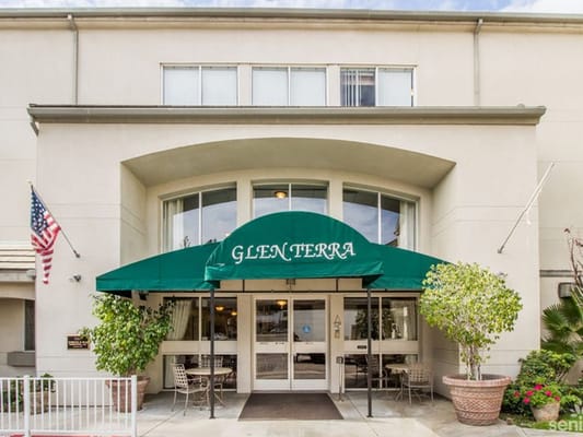Front entrance of Glen Terra facility with signage and awning