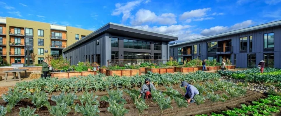 Residents tending to a vibrant outdoor garden