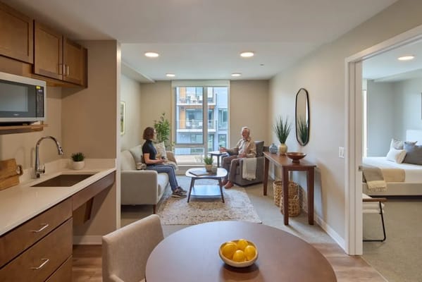 Residents socializing in a comfortable living area
