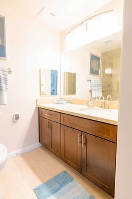 Brightly lit bathroom with wooden cabinets