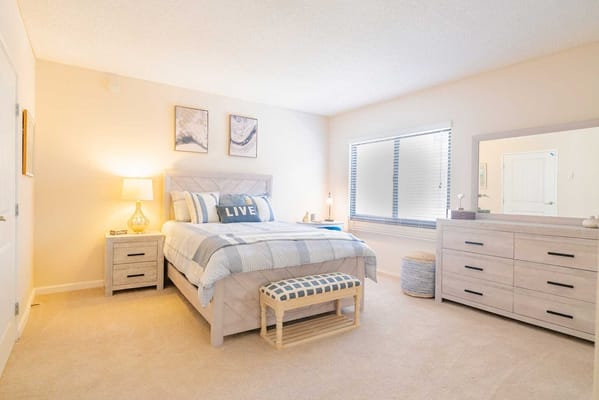 Brightly decorated bedroom in a senior living facility