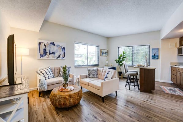 Bright and modern living room in a senior facility