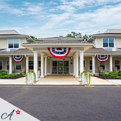 Entrance of the All American Assisted Living facility decorated for celebration