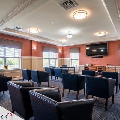 Interior view of a common area with seating